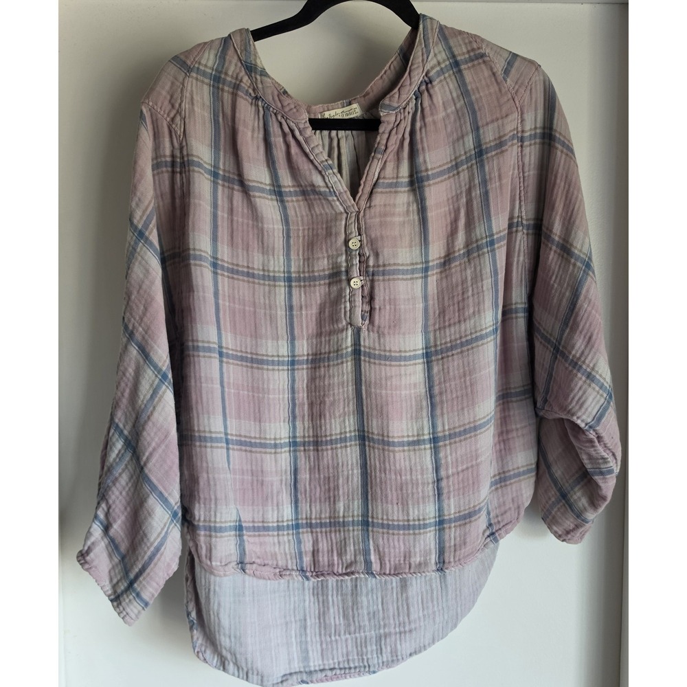 Free People CP Shades Blouse S Pink Plaid Sleeveless Split Neck Cotton Boho Top
